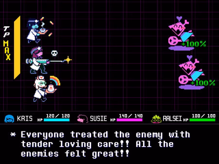 DELTARUNE screenshot: Kris, Susie, and Ralsei heal enemies with care in a turn-based battle, showing bright visuals and HP changes.