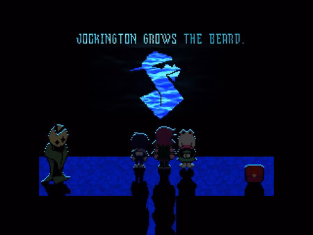 DELTARUNE screenshot: Three characters face a large, glowing letter "S" with text above reading "Jockington grows the beard."