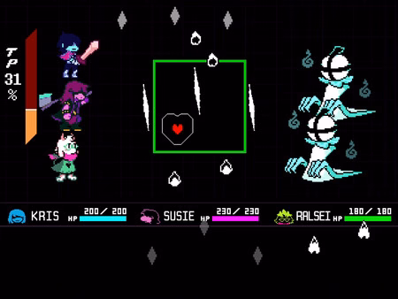 DELTARUNE screenshot: Kris, Susie, and Ralsei face off against several floating enemies on a dark battle screen.