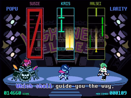DELTARUNE screenshot: Susie, Kris, and Ralsei engage in a rhythm battle on stage, with score bars above them.