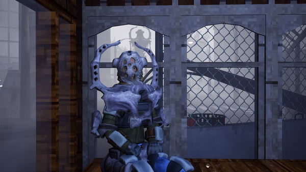 Screenshot from Abiotic Factor showing a humanoid figure in sci-fi armor sitting inside a structure with a misty background.