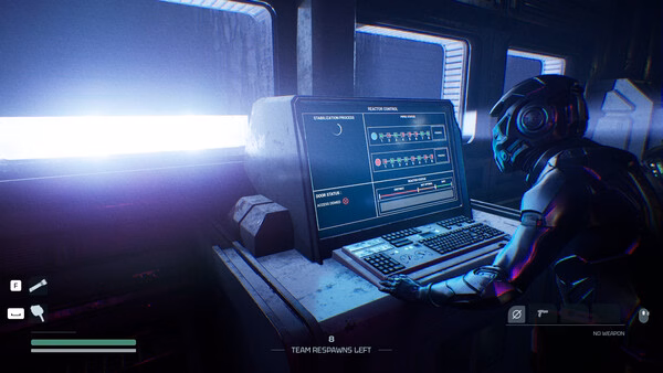 A player in armor interacts with a reactor control panel in this 'Species: Unknown' game screenshot, showing a dimly lit control room.