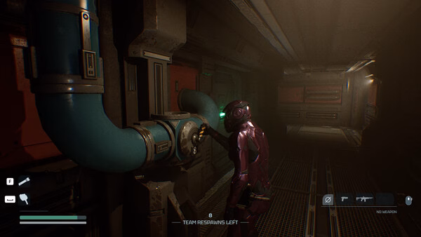 A player in a purple space suit interacts with a control panel in a dimly lit corridor in this Species: Unknown screenshot.