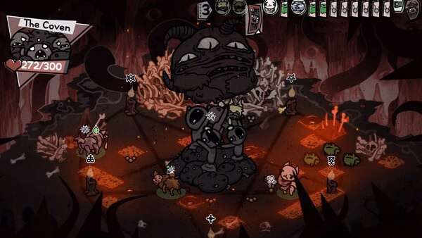 Screenshot of Mewgenics showing a battle against The Coven. A large creature is surrounded by smaller enemies on a dark, eerie stage.