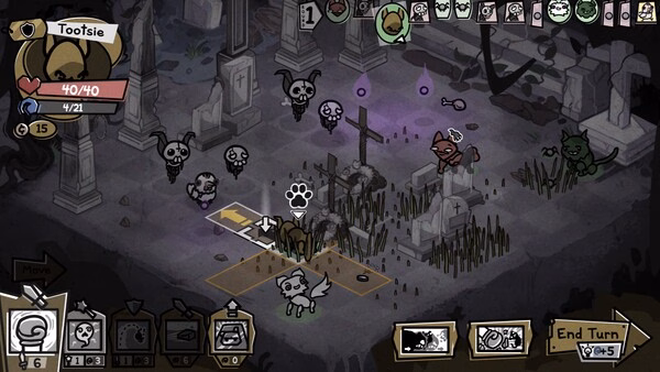 Screenshot from Mewgenics: Tootsie, a cat character, navigates a graveyard surrounded by ghostly enemies and tombstones.