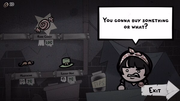 Mewgenics screenshot: A shopkeeper with a speech bubble asks, "You gonna buy something or what?" beside items like Rare Candy and Lucky Hat.