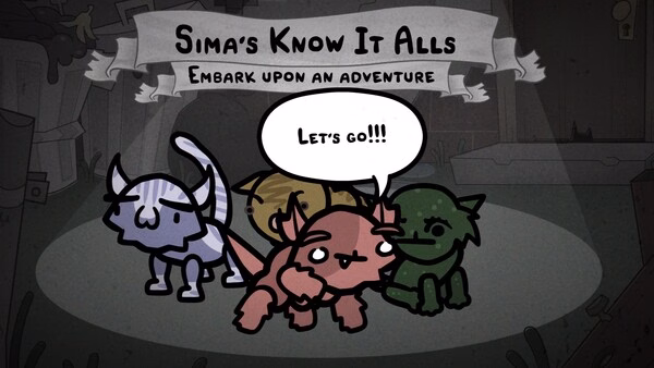Mewgenics screenshot: Three colorful feline characters with speech bubbles prepare for an adventure under a banner reading "Sima's Know It Alls."