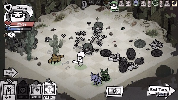 Screenshot from Mewgenics showing a tactical grid with cats and enemies, surrounded by desert cacti and scattered objects.