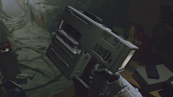 ROUTINE screenshot: A hand in a spacesuit holding a large, futuristic device amidst a cluttered, dimly lit room.