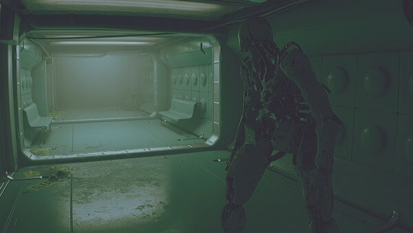 A screenshot from ROUTINE showing a dimly lit sci-fi hallway with a humanoid robot standing near the entrance.