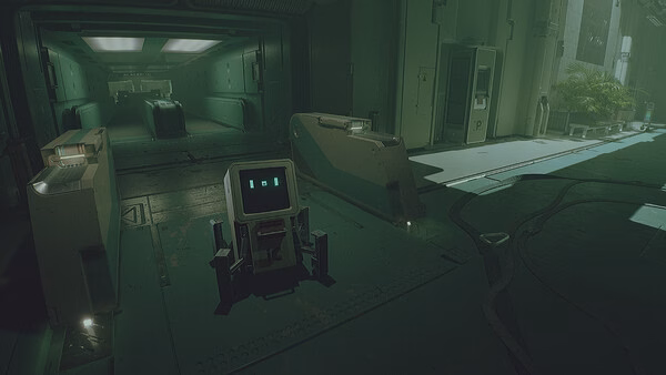 ROUTINE screenshot: A robot with glowing eyes stands in a dimly lit corridor, surrounded by futuristic walls and machinery.
