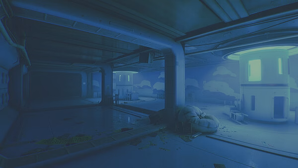 Screenshot from ROUTINE showing a futuristic, dimly lit room with glowing cylindrical structures and scattered debris.