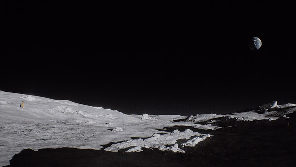 Screenshot from ROUTINE showing a barren lunar landscape with distant structures under a dark sky and Earth visible in the background.