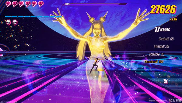 Screenshot from Dead as Disco showing a player battling a glowing giant figure in a vibrant, pulsating arena.