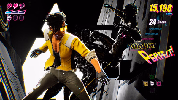 Screenshot from 'Dead as Disco' showing a character in a yellow jacket performing a perfect takedown against shadowy foes.