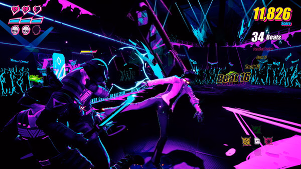 Screenshot from 'Dead as Disco' showing a neon-lit battle scene with two characters fighting in vibrant colors.