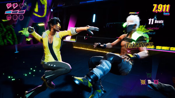 Screenshot from "Dead as Disco" showing two characters in combat, one performing a takedown move under neon lights.