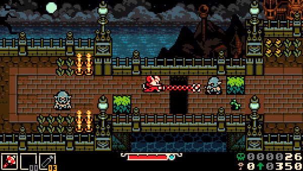 Screenshot from 'Mina the Hollower' showing Mina battling skeletons on a bridge at night, with a moonlit sky in the background.