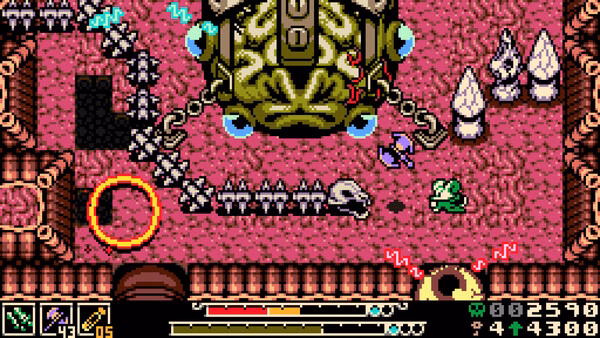 Screenshot from 'Mina the Hollower': Mina battles a large green creature surrounded by spikes in a pixelated dungeon setting.