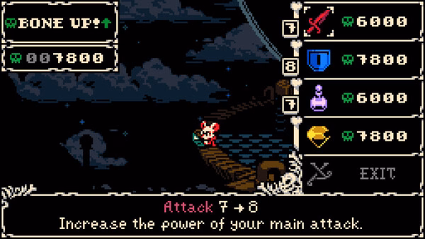 Mina the Hollower screenshot: A character stands on a bridge at night, surrounded by upgrade options for attack, defense, and magic.