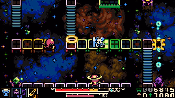Screenshot of Mina the Hollower featuring pixel art gameplay with Mina battling enemies on a colorful, starry platform.