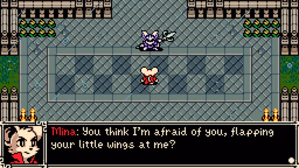 Screenshot from Mina the Hollower showing Mina confronting a bat-like enemy in a tiled courtyard with dialogue displayed below.