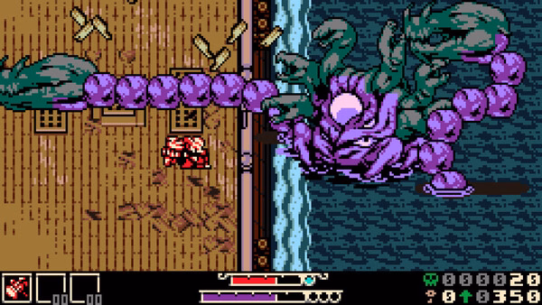 Screenshot from 'Mina the Hollower' showing Mina battling a large, purple tentacled monster by a wooden dock.
