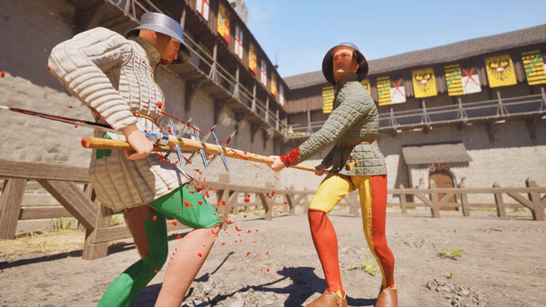 Screenshot from Half Sword showing two armored characters in combat, wielding weapons in a medieval courtyard setting.