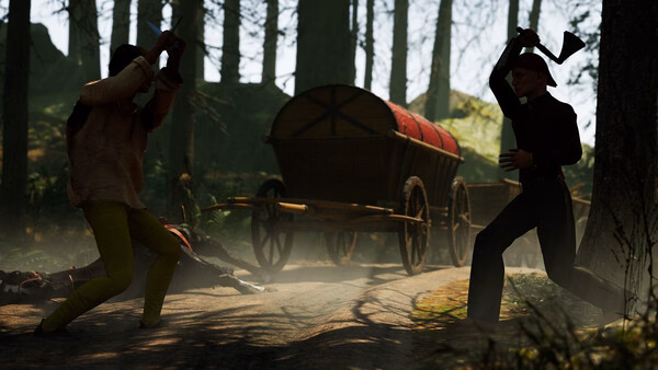 Screenshot from Half Sword showing two characters wielding axes in a forest near a wagon.