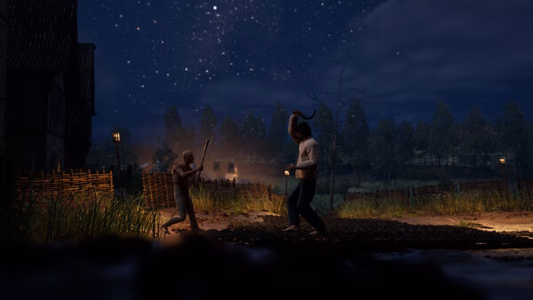 Screenshot from Half Sword: Two characters engage in a nighttime duel on a dirt path, surrounded by trees and rustic fences under a starry sky.