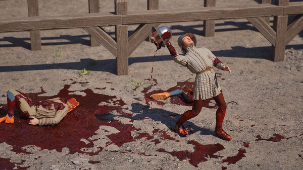 A Half Sword screenshot showing a medieval fighter pouring blood from a helmet, with another figure lying injured on the ground nearby.