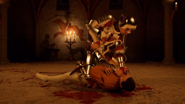 A screenshot from Half Sword showing a knight in armor pinning down an opponent on a bloodied medieval battleground.