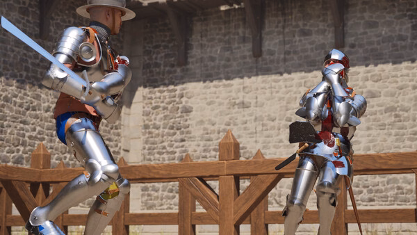 Two armored fighters duel with swords in a medieval arena in this Half Sword screenshot. Stone walls and wooden fencing surround them.