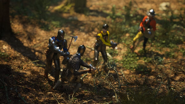 Screenshot from Half Sword: Four armored knights in a forest, two wielding axes, others on guard, in a tense standoff.