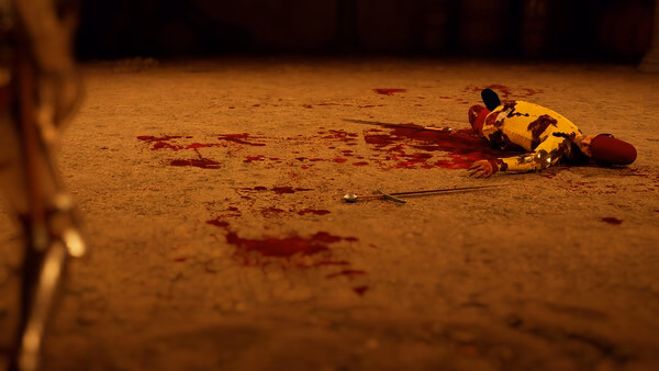 A Half Sword screenshot showing a defeated character lying on a bloodstained ground with a sword nearby.
