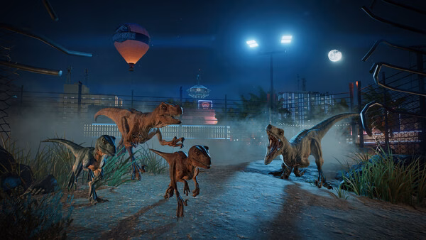 Screenshot from Jurassic World Evolution 3 showing a group of dinosaurs roaming under a moonlit sky near a fenced enclosure.