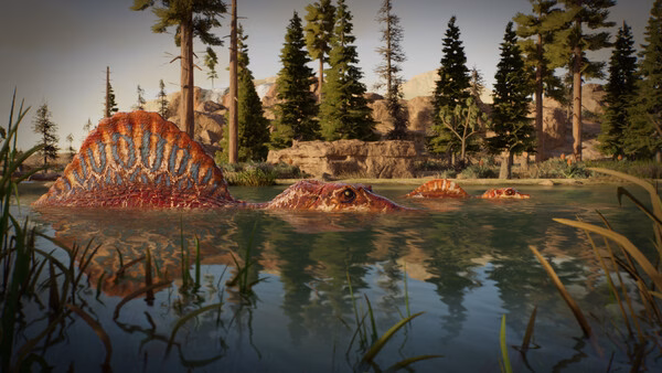 A Jurassic World Evolution 3 screenshot showing two Spinosaurus wading in a forested lake surrounded by trees and greenery.