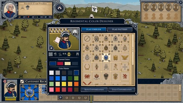 Screenshot from Master of Command showing the Regimental Color Designer interface, with options for customizing flag emblems and patterns.