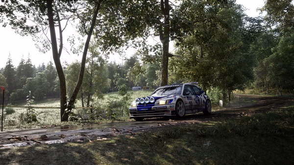 A rally car navigates a forest track in a lush, green landscape in this Assetto Corsa Rally game screenshot.