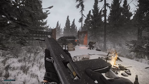 Escape from Tarkov screenshot: A player holds a rifle in a snowy forest, aiming at an enemy near a campfire and barricade.
