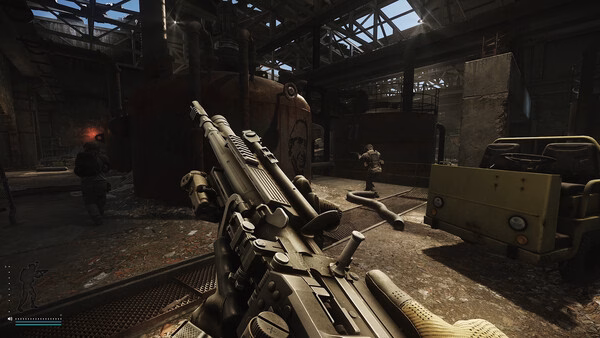 Escape from Tarkov screenshot: A player holds a rifle in a dimly lit industrial warehouse with vehicles and tanks around.
