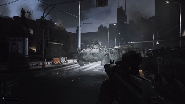 Escape from Tarkov screenshot: A player aims at armored vehicles on a dark, urban street illuminated by streetlights.