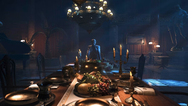 Screenshot from Dying Light: The Beast showing a lavish dining table with food, candles, and a figure seated in a dimly lit room.