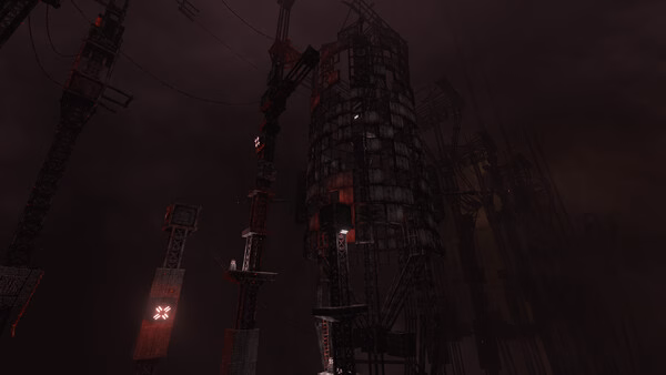 Screenshot from the game White Knuckle shows a dark, industrial landscape with towering metal structures and dim red lights.