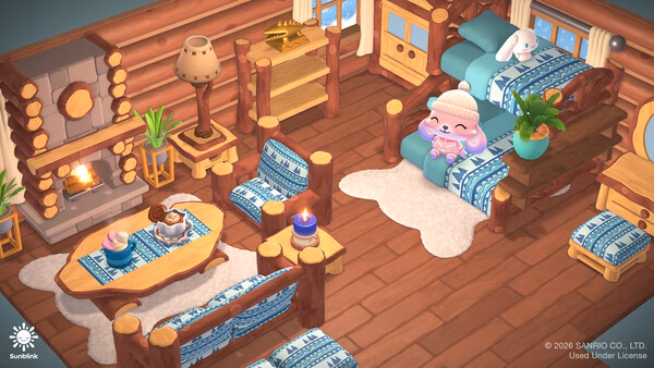 Screenshot from Hello Kitty Island Adventure showing a cozy log cabin interior, with a character relaxing on a bed near a fireplace.