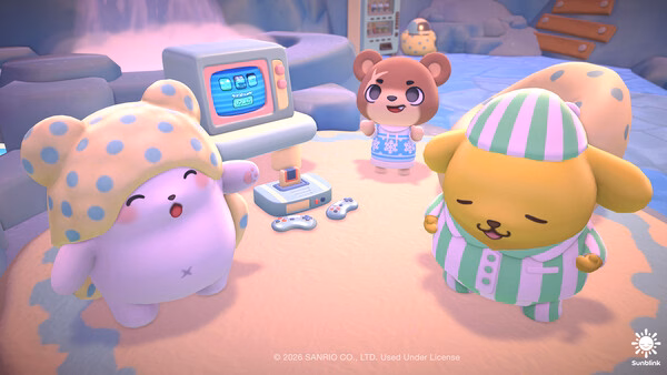 Screenshot from Hello Kitty Island Adventure showing cute characters in pajamas gathered around a retro gaming console in a cozy room.