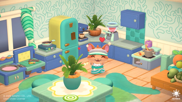 Screenshot of Hello Kitty Island Adventure featuring a cheerful character in a colorful kitchen surrounded by plants and appliances.