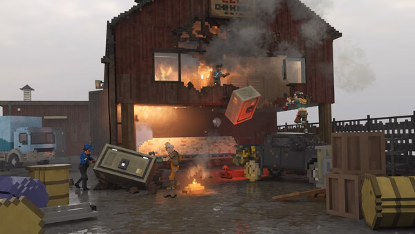 Screenshot from 'Teardown' showing a chaotic scene with a burning building, debris, and characters in action.