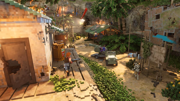 Teardown screenshot: A chaotic scene in a tropical area with destructible buildings, vehicles, and explosions amid lush greenery.