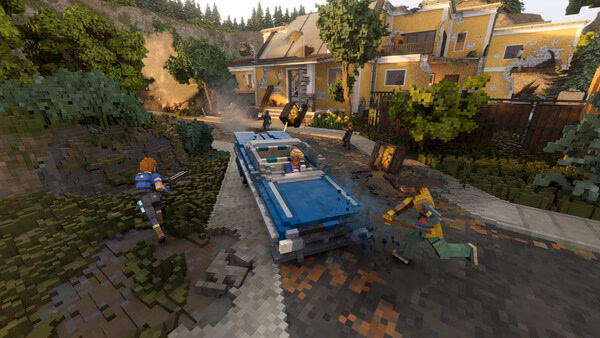 Teardown screenshot: Players in a chaotic scene with a blue car crashing through debris near damaged buildings and scattered objects.